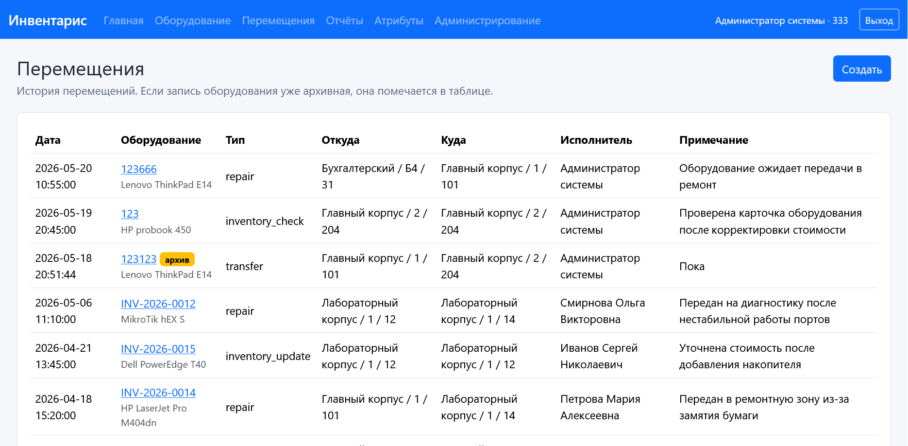 Рисунок 10 - Журнал перемещений